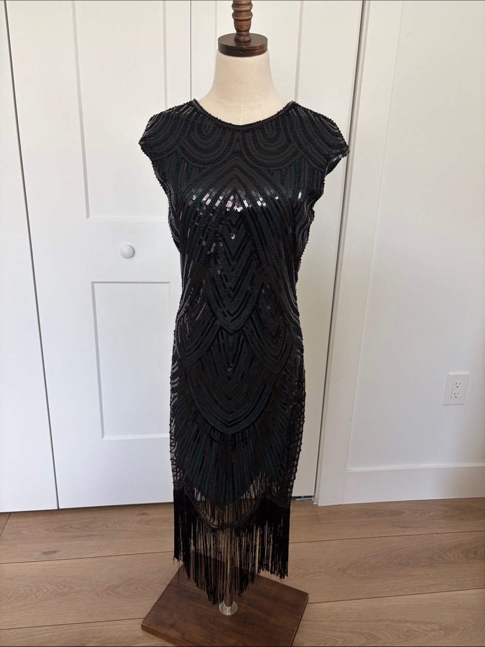 Black Beaded Fringe Midi Dress